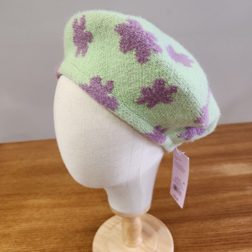 NWT Wild Fable Women's Soft Sweater Knit Beret in Green Purple Floral Print